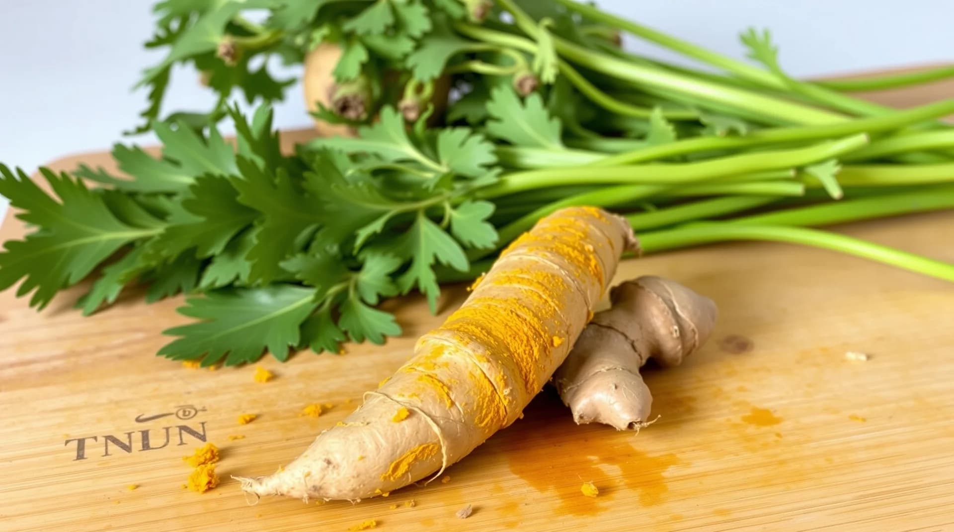 fresh turmeric root and ginger root on wood cutting board