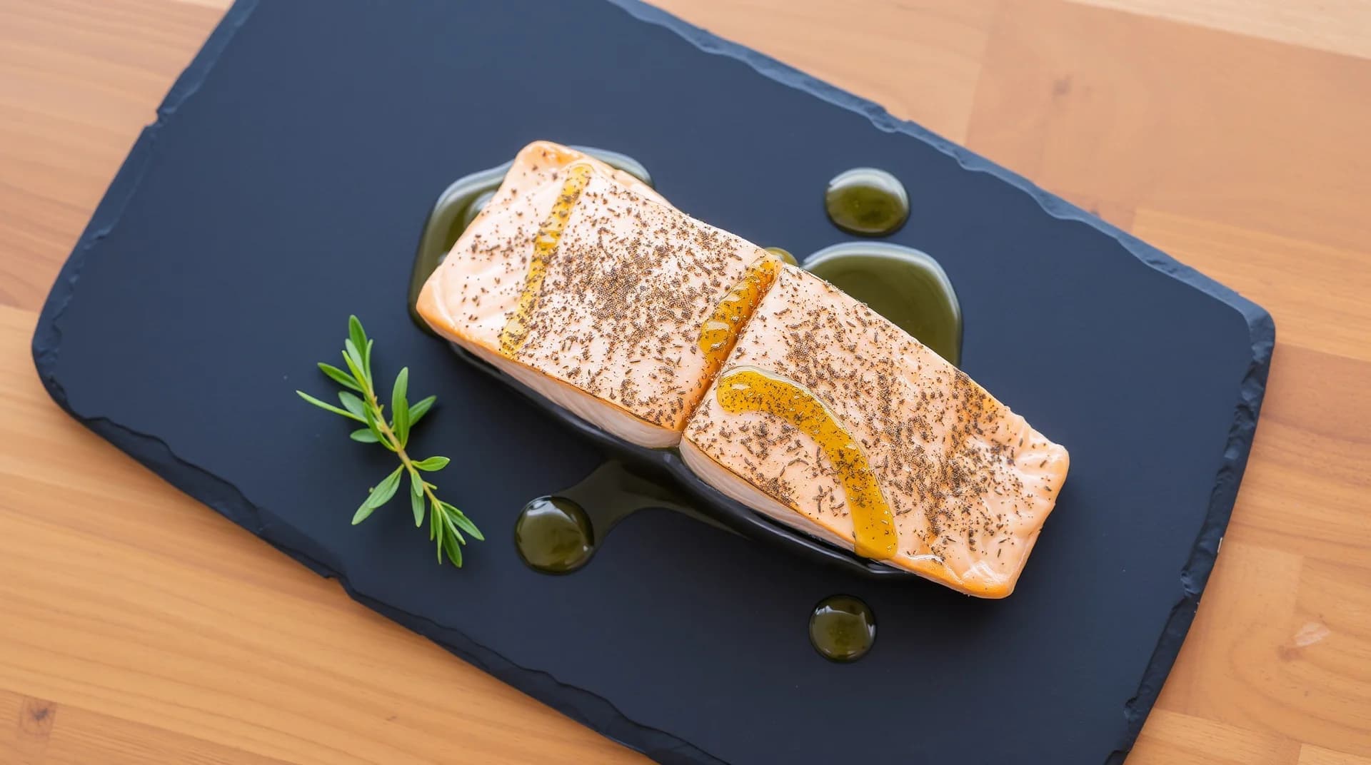 salmon fillet with olive oil drizzle on a slate plate