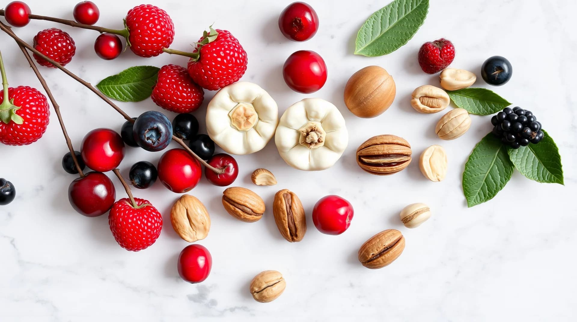 berries and nuts artistically arranged on a marble surface