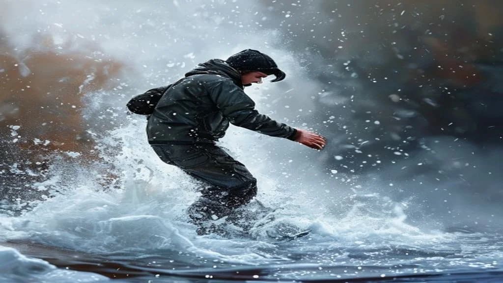 person stepping into a cold plunge with a calm expression, side view