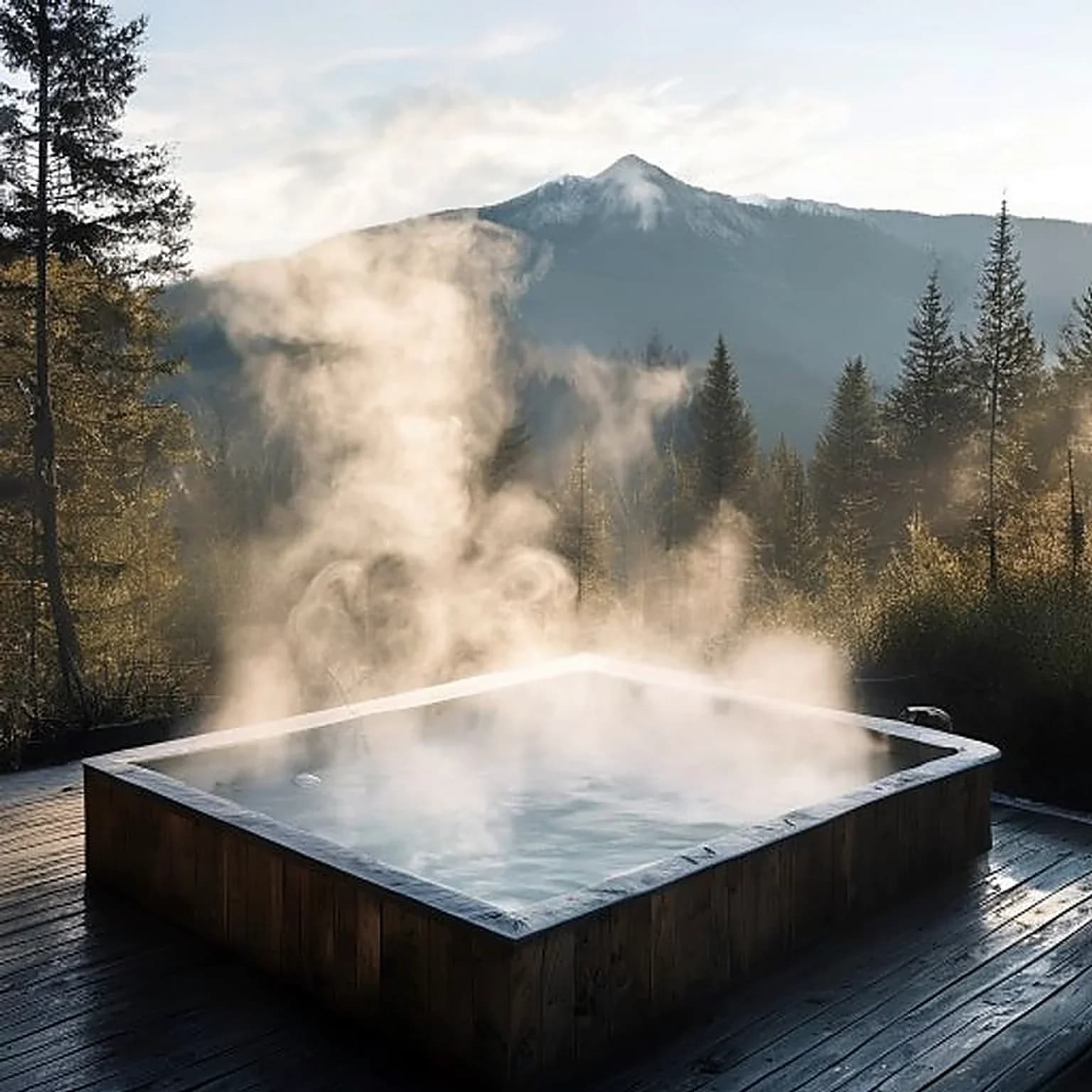 outdoor cedar cold plunge tub with steam rising, morning light, mountain backdrop