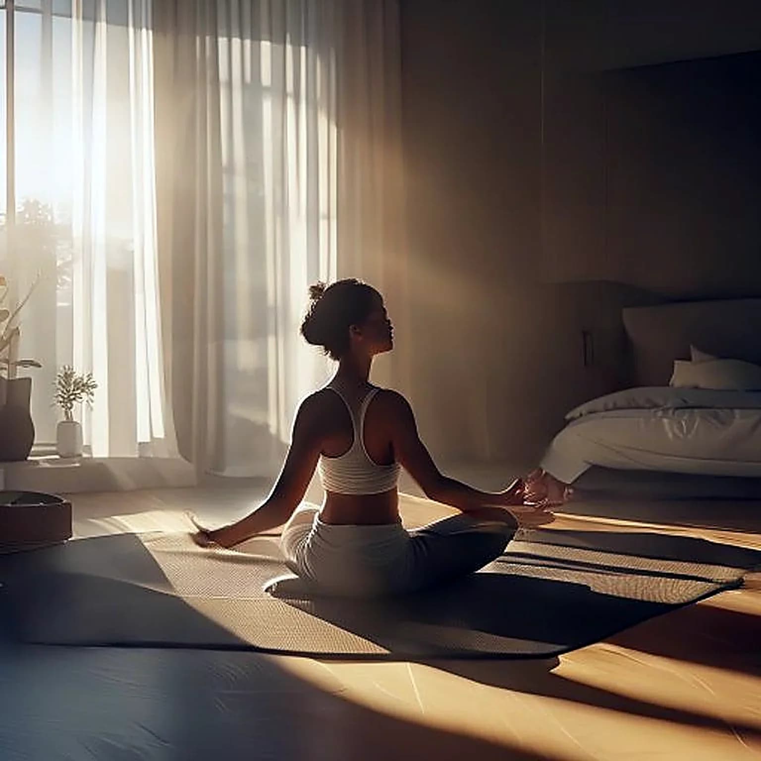 person practicing slow breathing on a sunlit yoga mat in a minimalist bedroom, morning soft natural light, photorealistic, ultra detailed, sharp focus