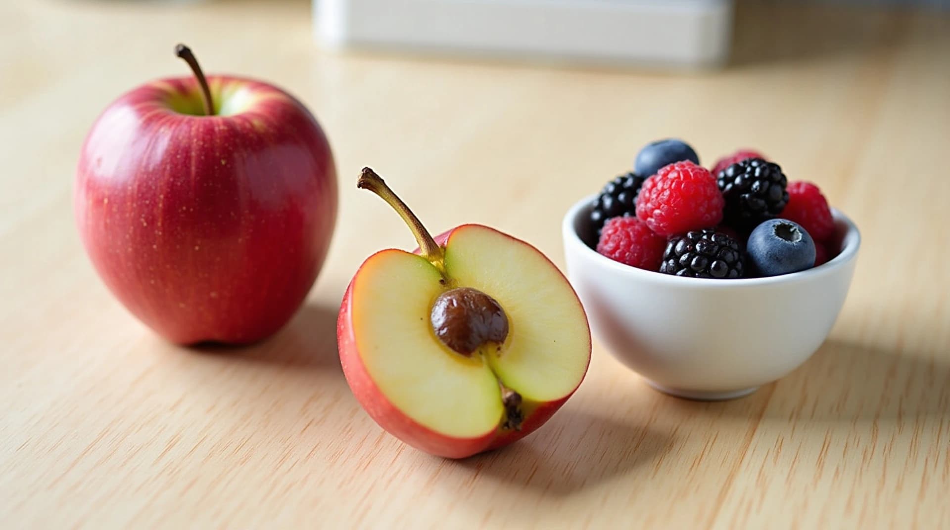 fresh cut apple pear and berries on a slate cutting board, soft natural light, photorealistic, ultra detailed, sharp focus
