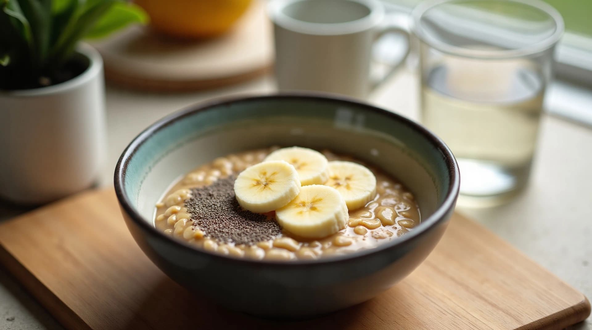 bowl of overnight oats with chia seeds and sliced banana on a wooden table, breakfast scene, soft morning light, photorealistic, ultra detailed, sharp focus