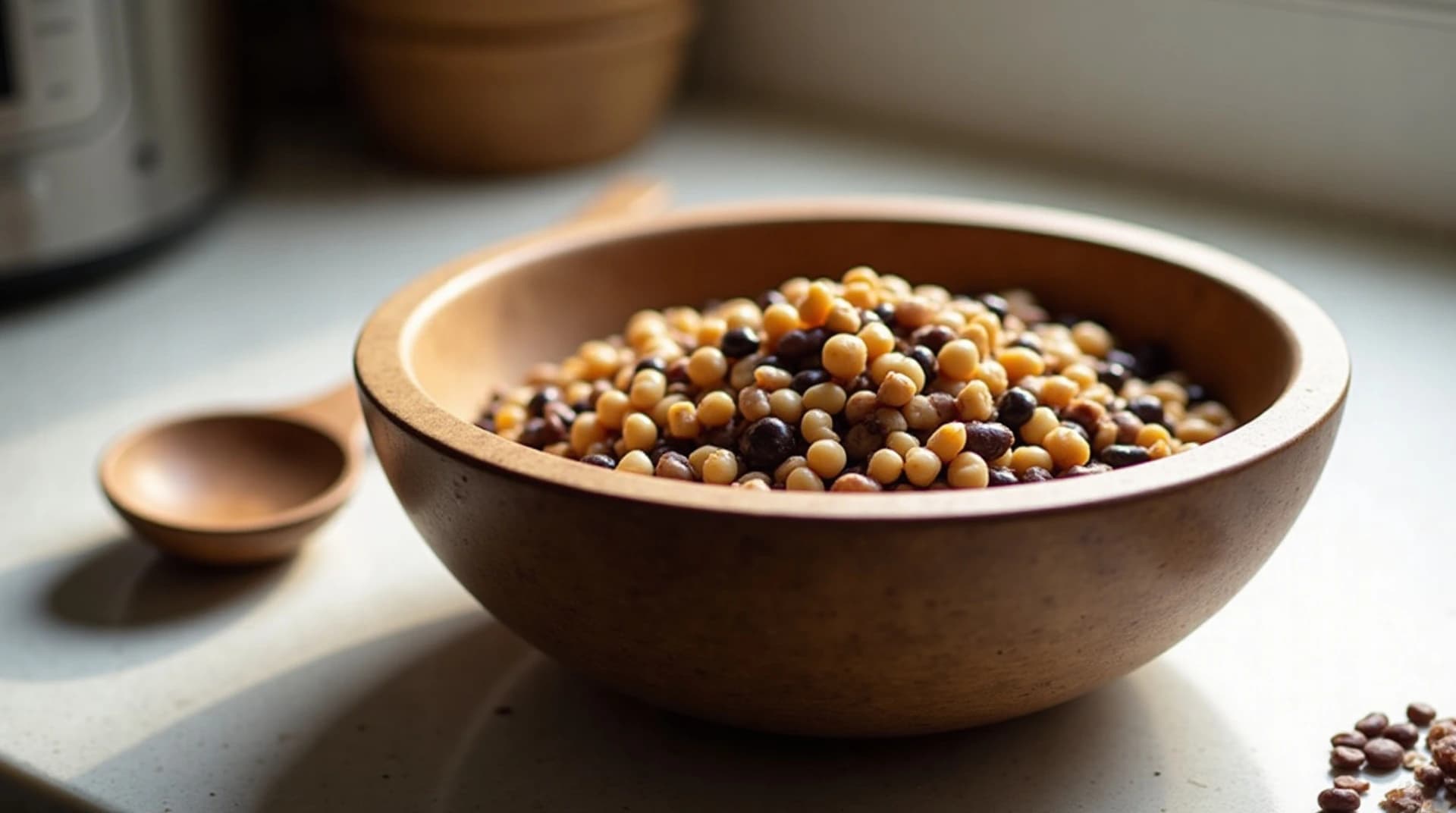 wooden bowl of mixed lentils chickpeas and oats on a kitchen counter beside a wooden spoon, soft window light, photorealistic, ultra detailed, sharp focus