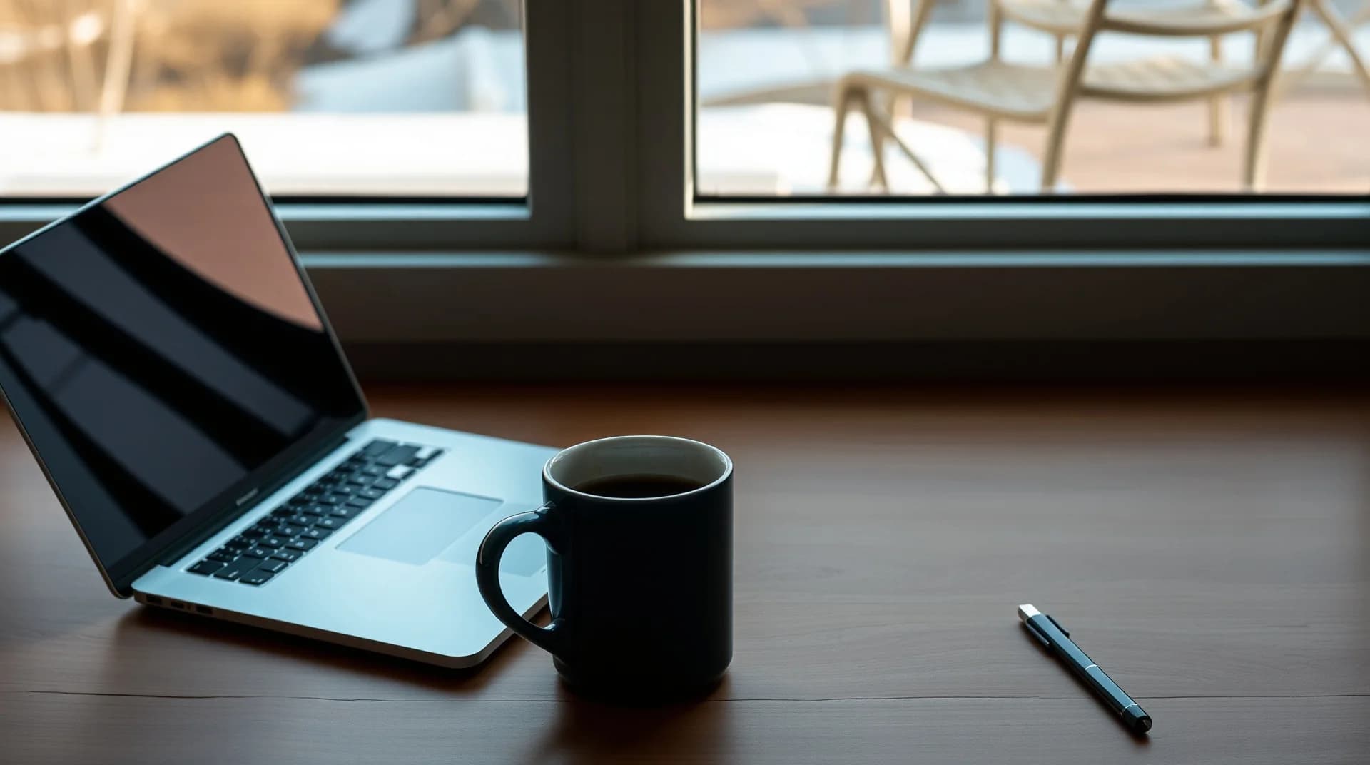 empty open laptop on a wooden desk beside a cold coffee mug with afternoon light through the window, no people in frame, still life photography