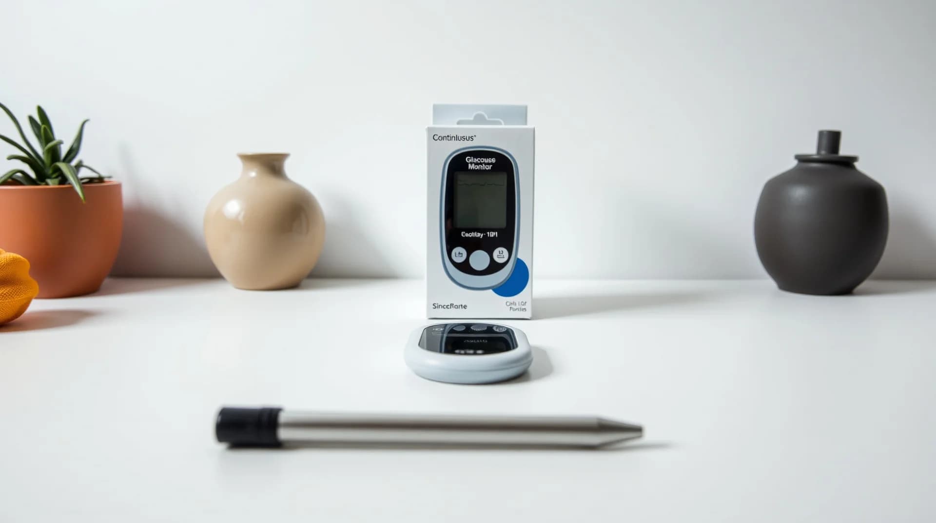 continuous glucose monitor packaging and sensor display on a clean white surface, product photography, no people in frame
