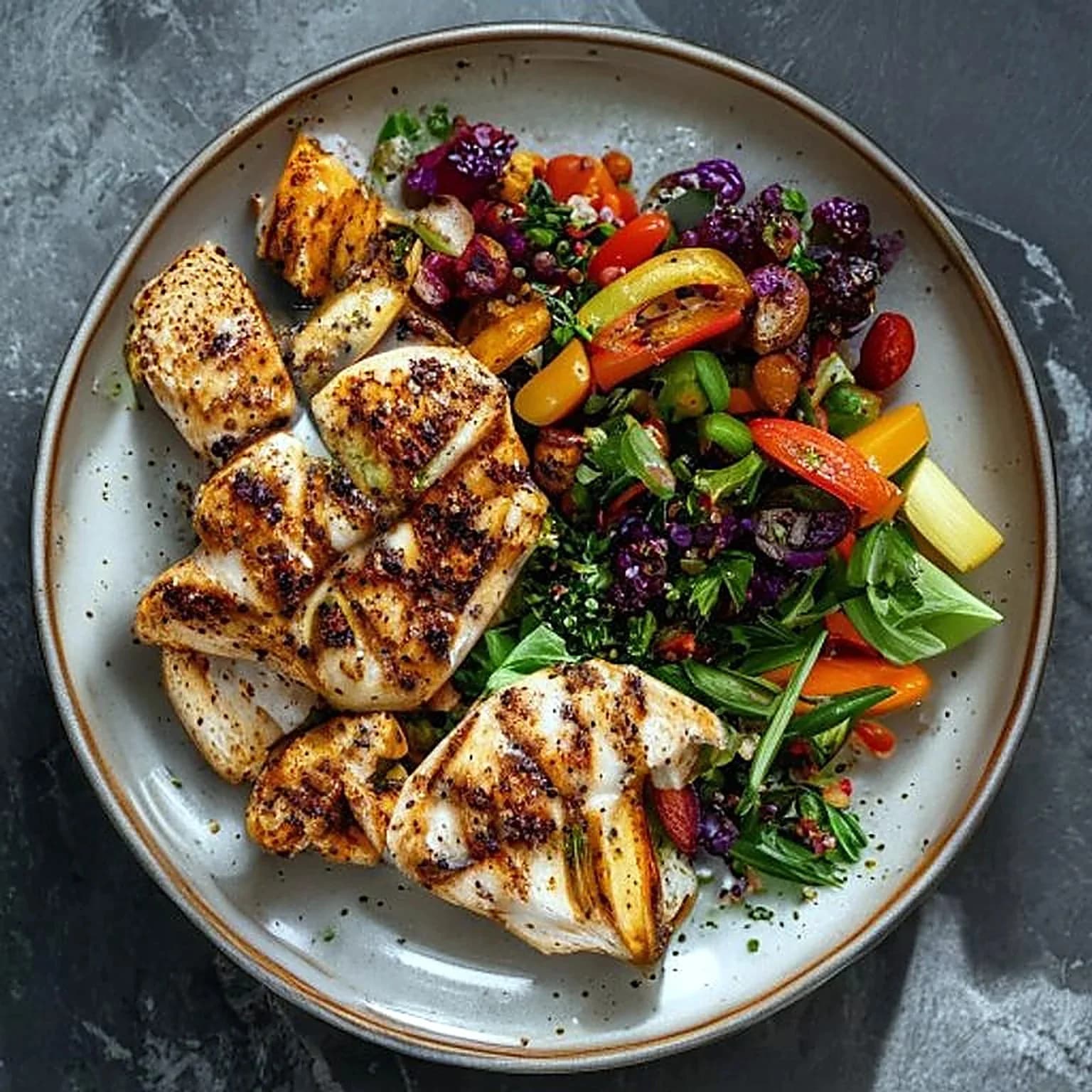 balanced lunch plate with grilled chicken quinoa and roasted vegetables on a ceramic plate, top-down view, soft natural light, no people in frame