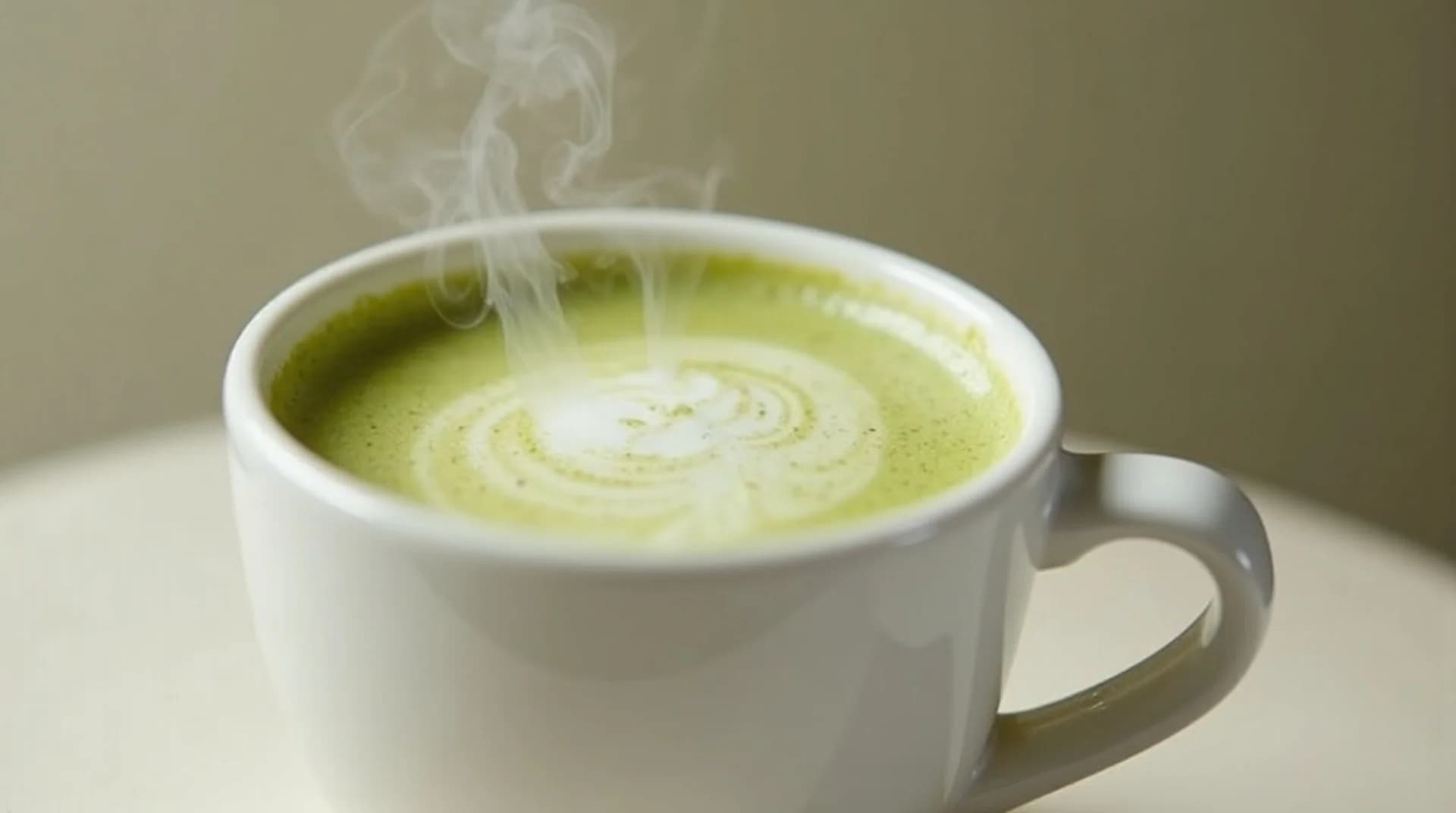matcha latte in a white ceramic cup with steam, minimalist still life