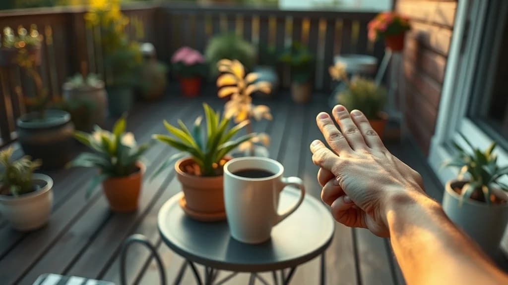 wooden patio with potted plants and a steaming coffee mug on a small table at dawn, soft golden light, no people in frame, photorealistic