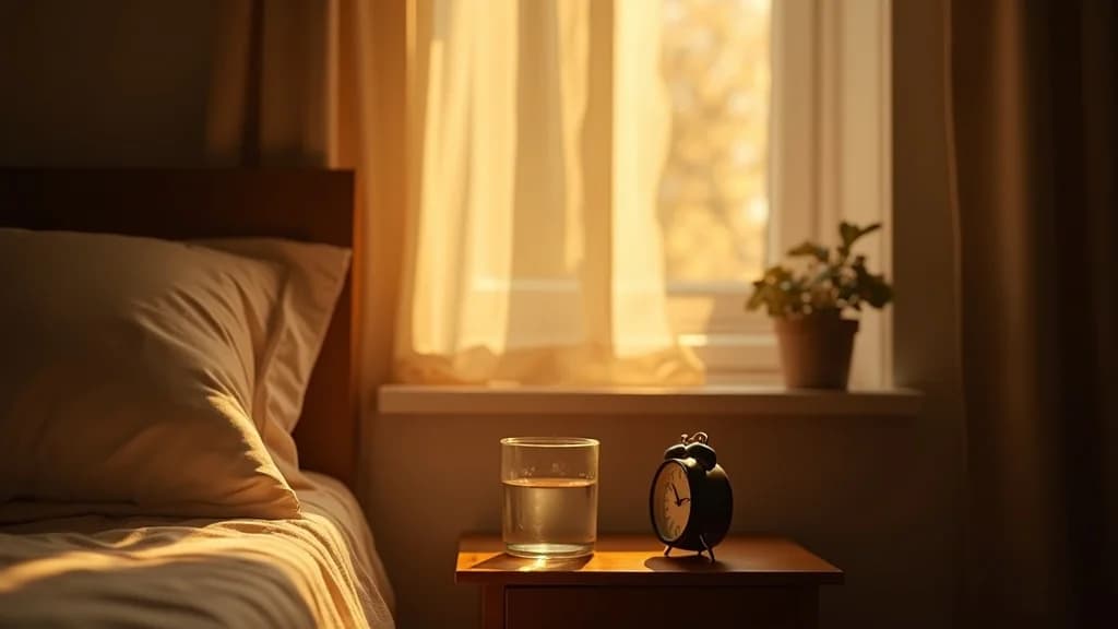 warm morning sunlight pouring through a partially-open window onto a wooden bedside table with a glass of water and a small alarm clock, soft golden light, no p