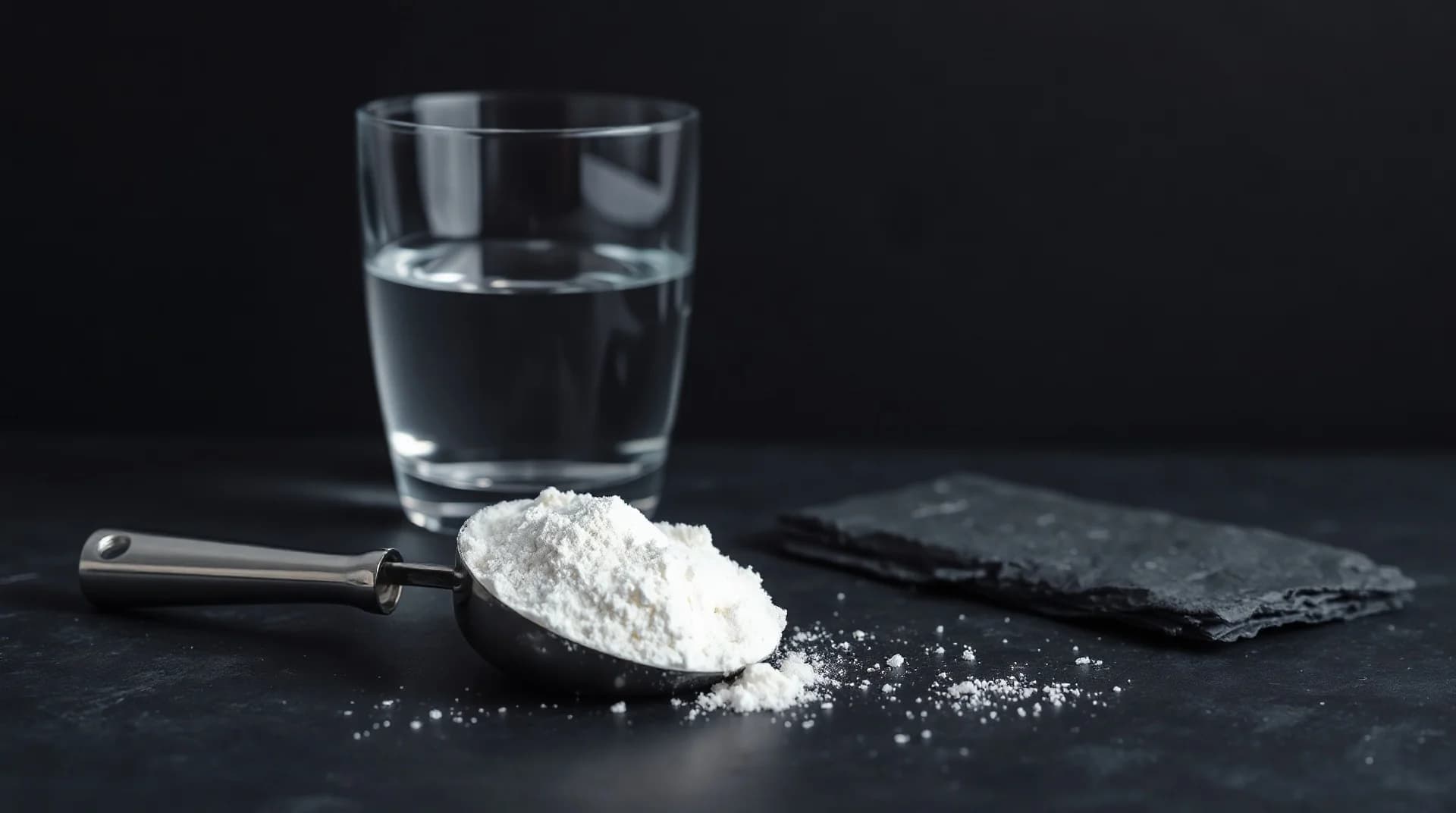 A stainless steel scoop of white creatine powder beside a glass of water on a dark surface