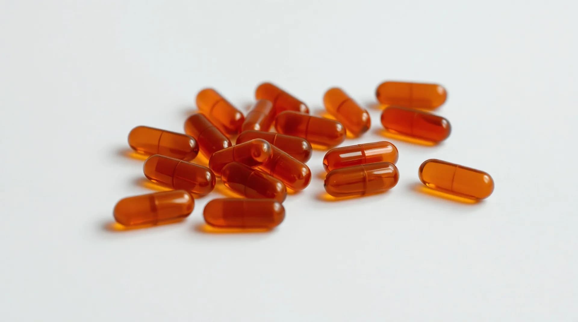 A small neat pile of amber fish-oil softgel capsules on a clean white surface