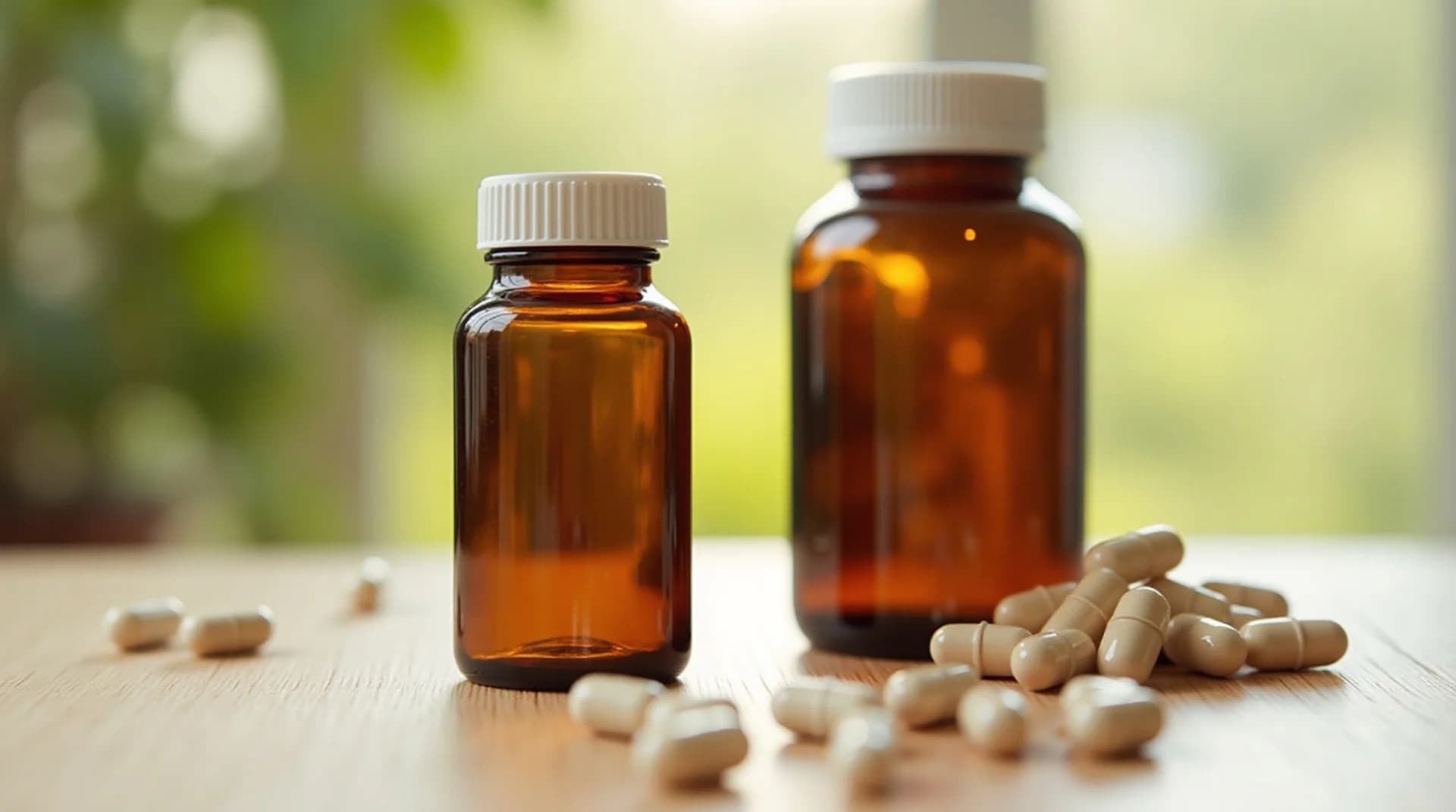 Unlabeled amber supplement bottles and capsules on a wooden surface in soft natural light