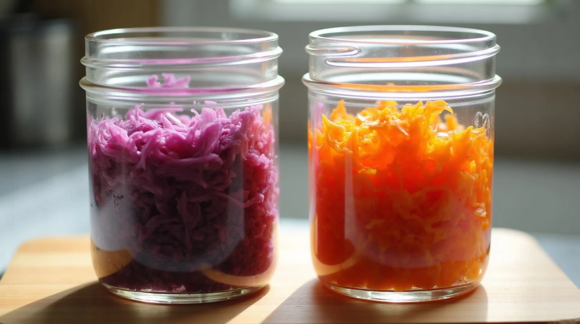 glass jars of fermented sauerkraut and kimchi on a wooden cutting board with garlic and chili nearby, soft window light, photorealistic, ultra detailed, sharp f
