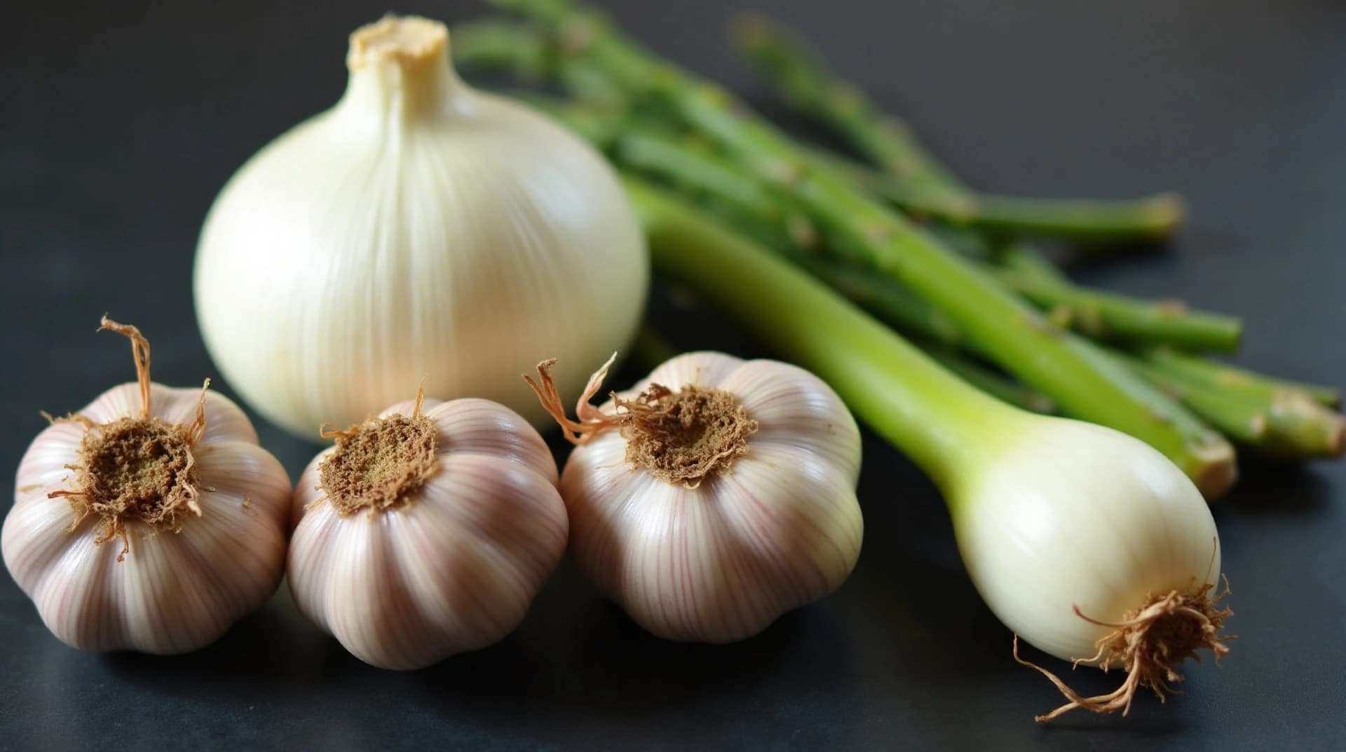 fresh garlic cloves onions and asparagus on a clean kitchen counter, soft natural light, photorealistic, ultra detailed, sharp focus