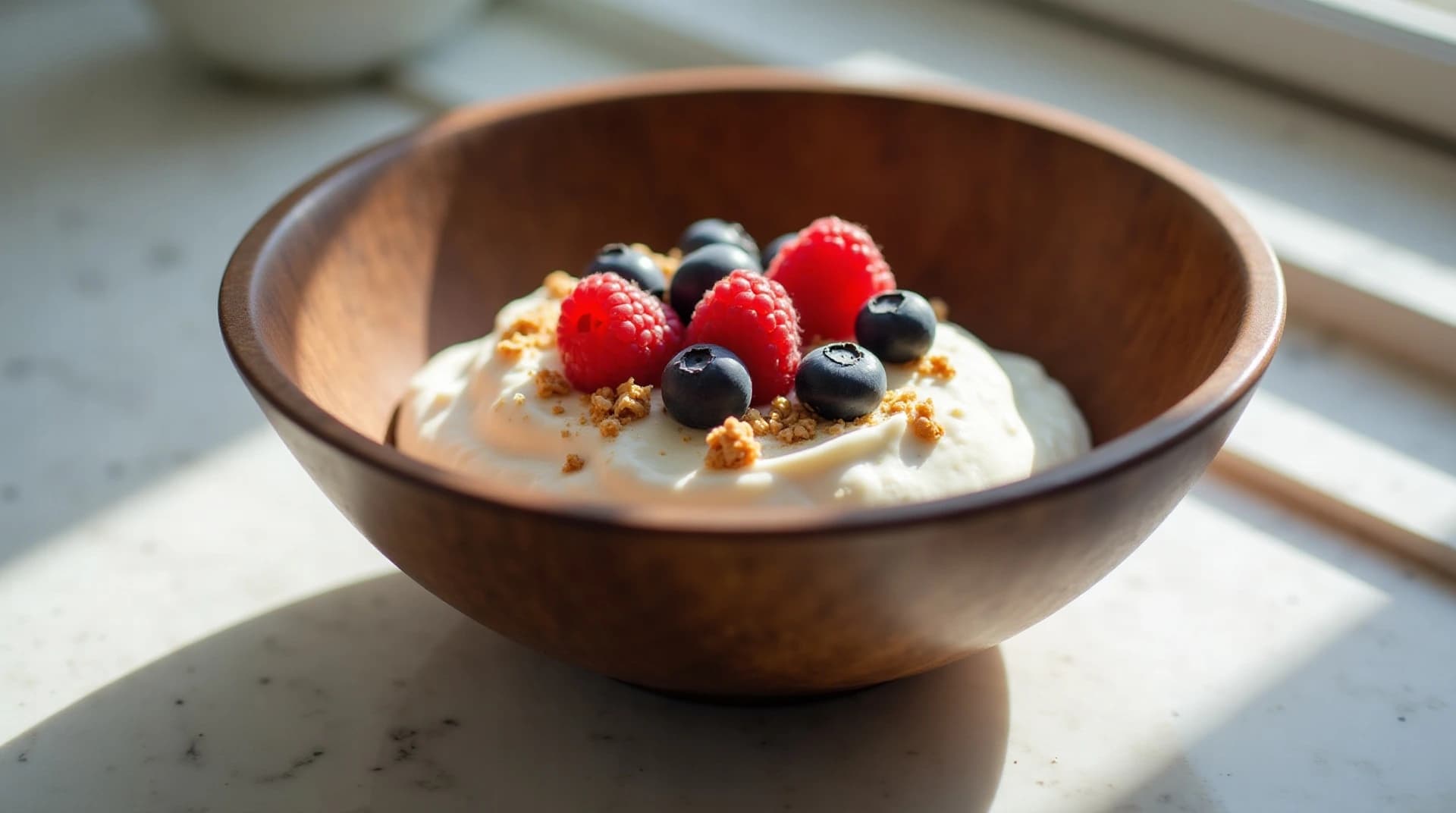 wooden bowl of plain greek yogurt topped with fresh berries and granola on a kitchen counter, soft natural morning light, photorealistic, ultra detailed, sharp