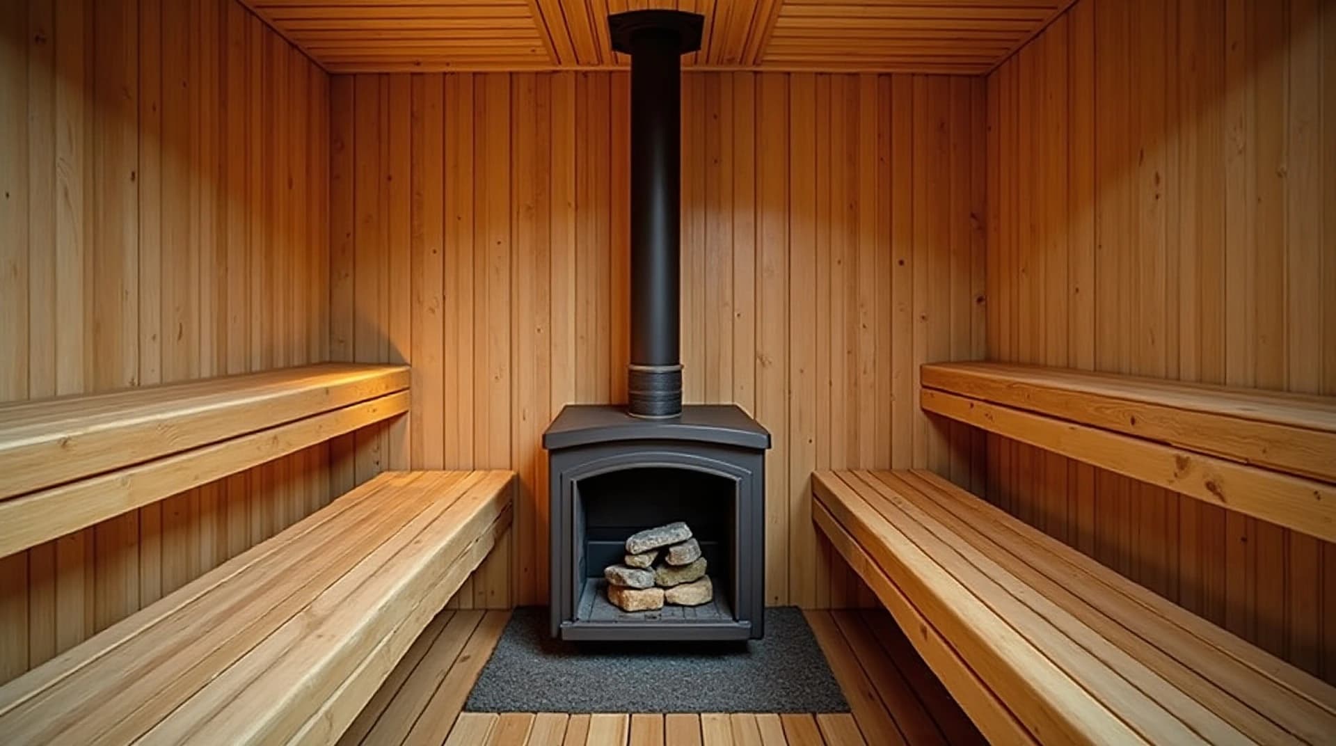 interior of a traditional cedar wood finnish sauna with stove and rocks, warm dim light, no people in frame, still life photography