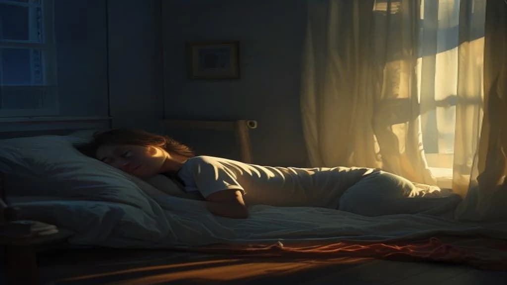 person sleeping peacefully on their side in a dim bedroom with soft early morning light filtering through curtains, photorealistic, ultra detailed, sharp focus
