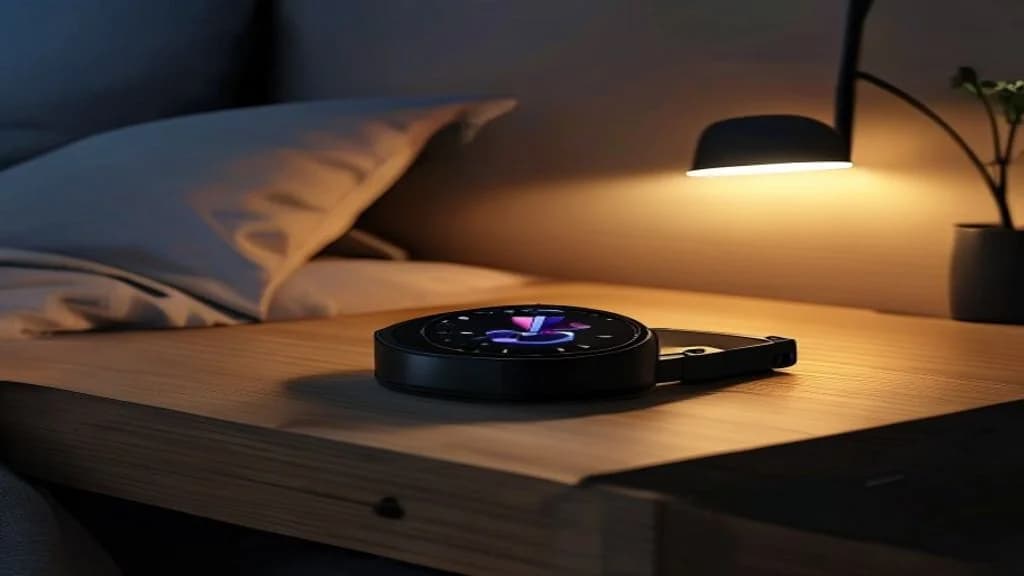 modern smartwatch on a black charging dock on a wooden bedside table at night, soft warm lamp light, photorealistic, ultra detailed, sharp focus