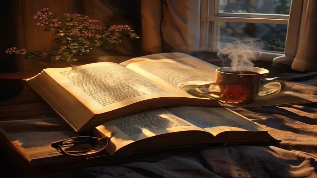 open hardcover book on a bed with reading glasses and a steaming mug of herbal tea on the nightstand, evening warm light, photorealistic, ultra detailed, sharp