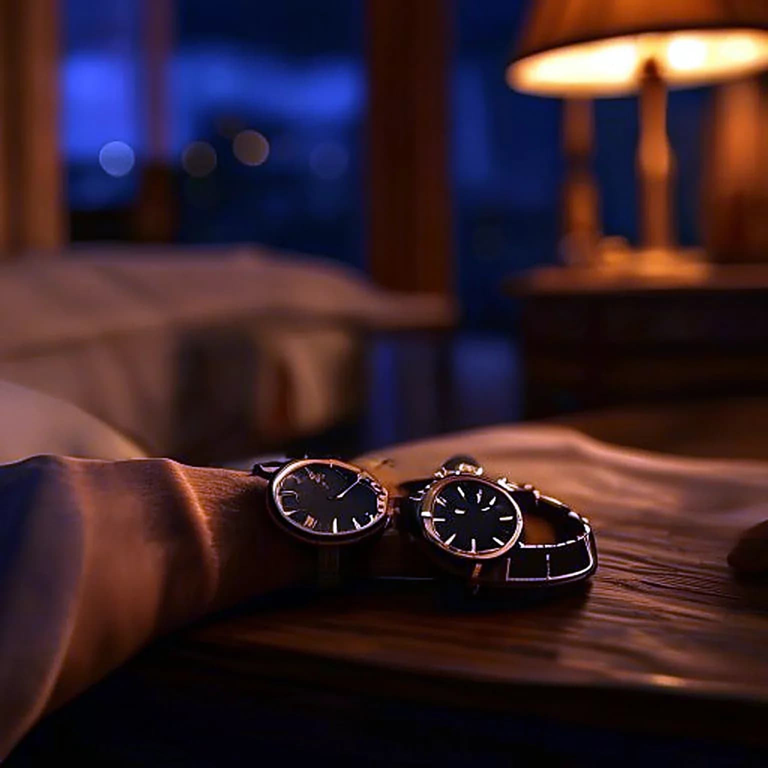 extreme close up of a wristwatch on a nightstand showing late night hours, dim warm bedroom in the background, photorealistic, ultra detailed, sharp focus