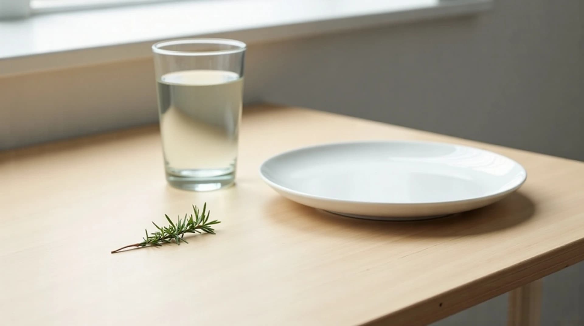 empty white plate beside a glass of water on a clean wooden table, minimalist still life, soft natural light, no people in frame