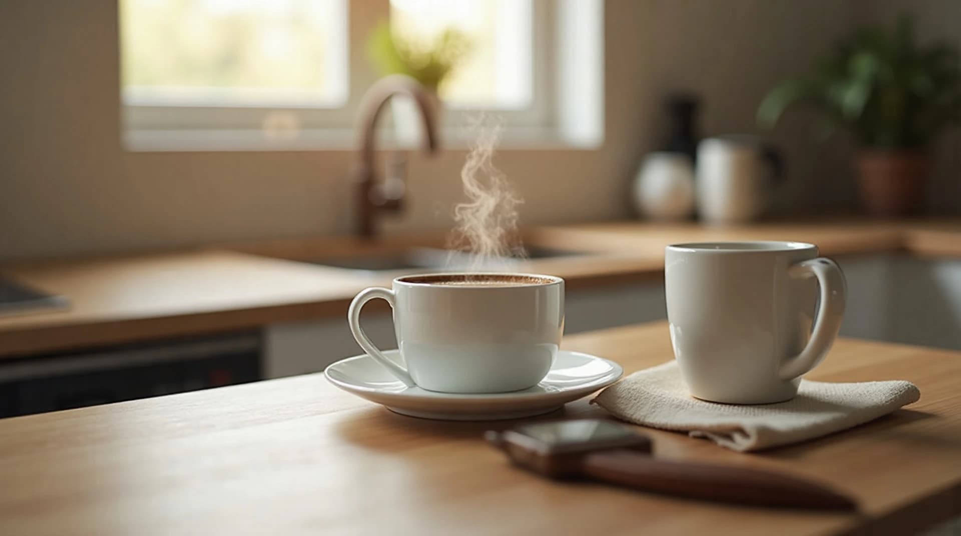 white ceramic mug of black coffee on a kitchen counter at dawn beside a wristwatch reading 11AM, no people in frame, still life photography