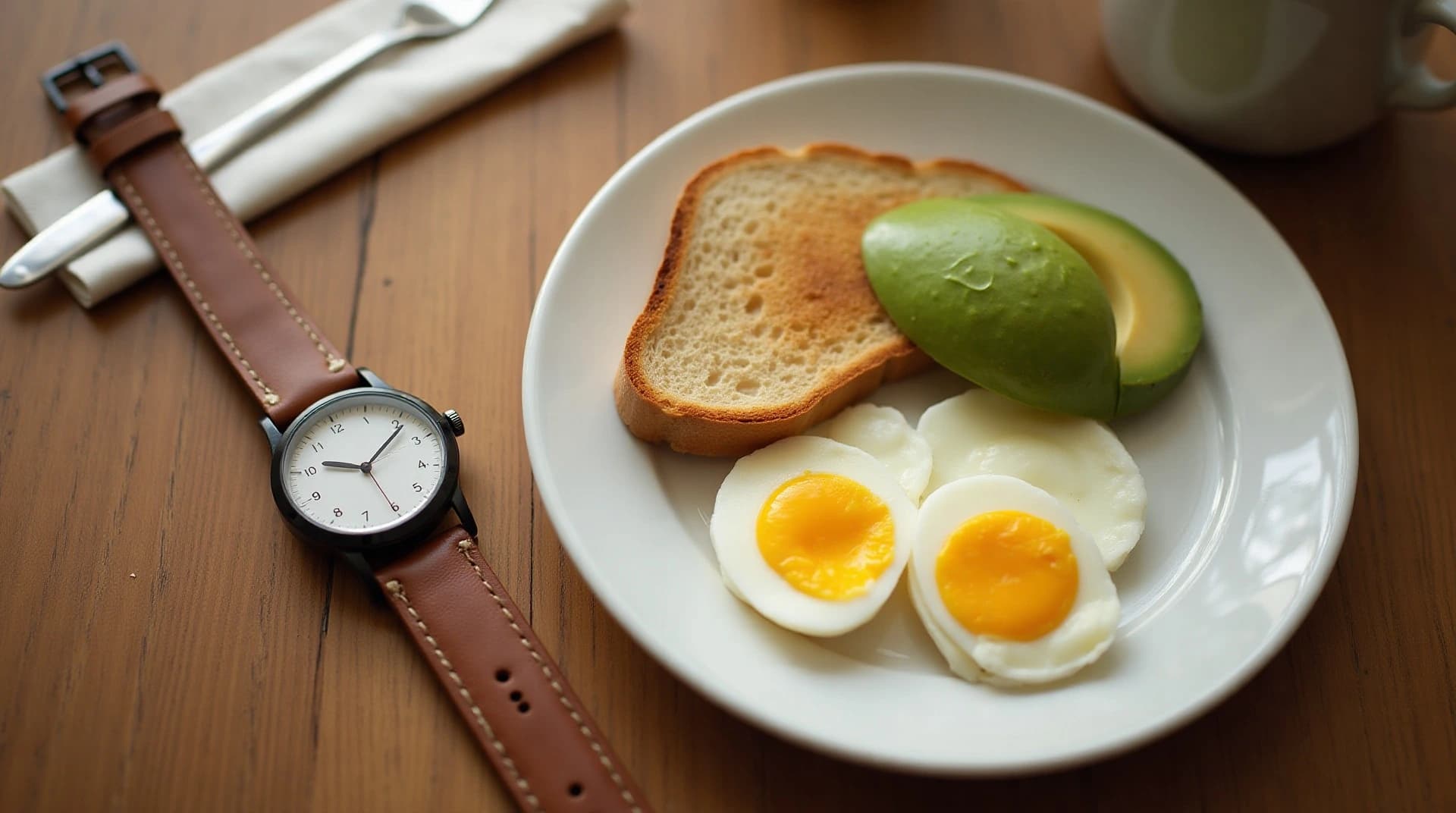 wristwatch on a wooden table beside a plate with eggs avocado and toast at noon, soft window light, no people in frame, still life photography