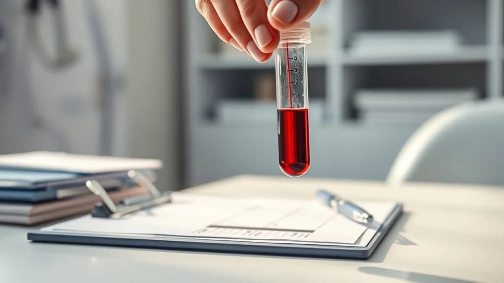 doctor's office scene with a vial of blood being held up to the light next to a clipboard on a clinical white desk, soft natural light, photorealistic, ultra de