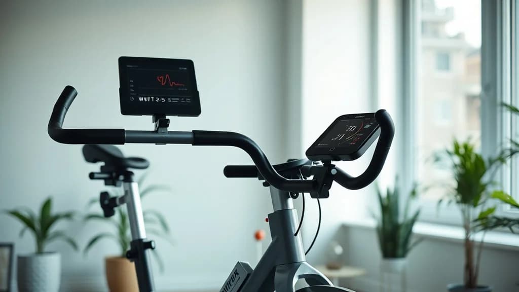 modern stationary bike with digital display showing watts and heart rate in a bright home gym, soft window light, no people in frame