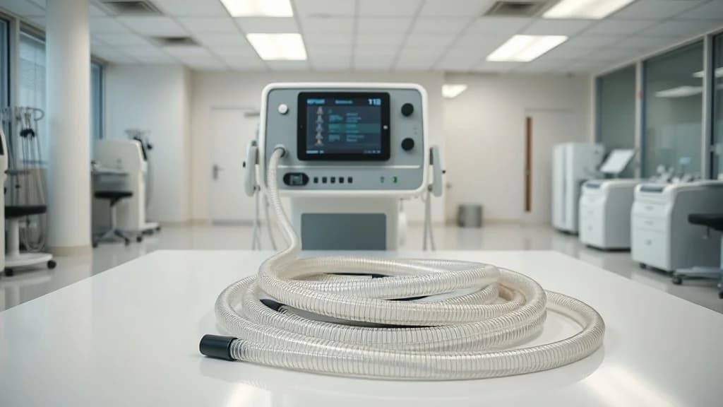 modern metabolic cart machine with breathing tubes coiled on a clean surface in a clinical exercise lab, no people in frame, product photography