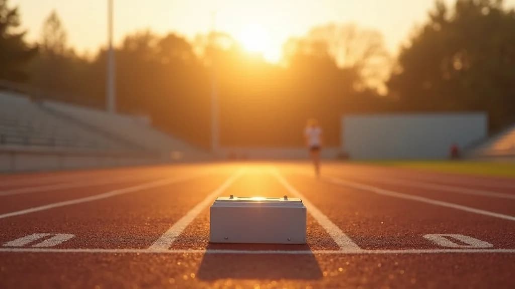 empty tartan running track at golden hour with starting blocks visible in the foreground, no people in frame, still life photography