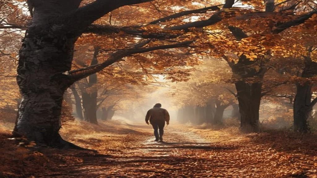 person walking on a tree-lined trail in autumn morning