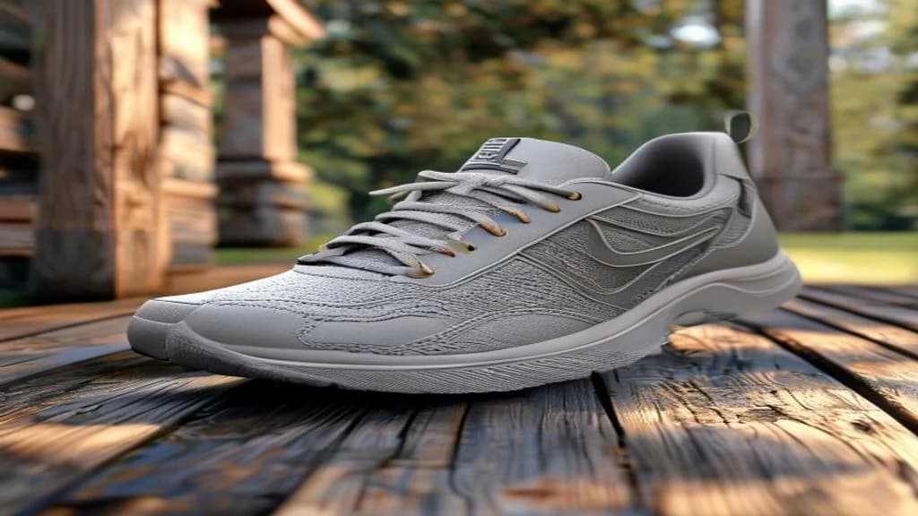 running shoes laced up on a wooden porch ready for a walk