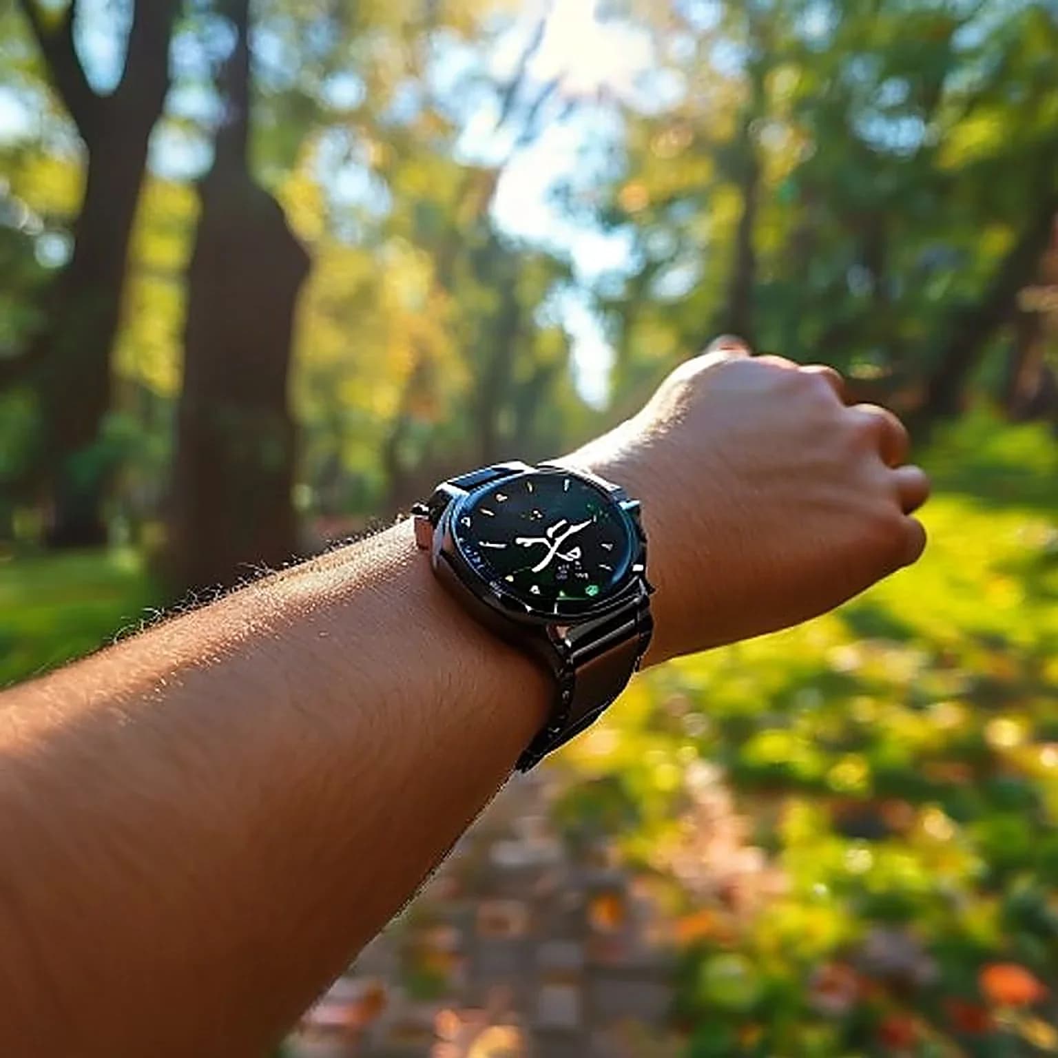 smartwatch showing 7423 steps on a wrist mid-walk, sunny park