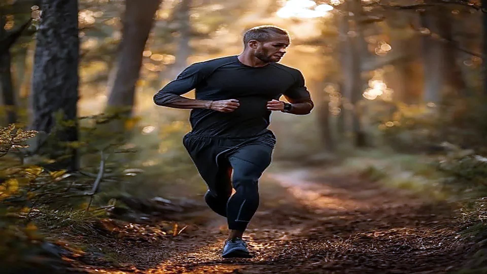 Runner doing zone 2 cardio on a flat trail at golden hour — moderate pace, smartwatch visible