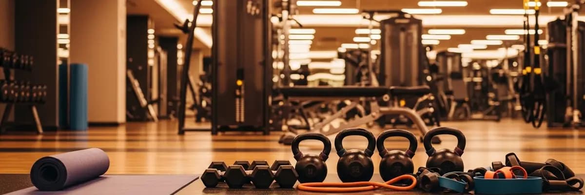Modern gym with dumbbells, kettlebells, resistance bands, and yoga mat