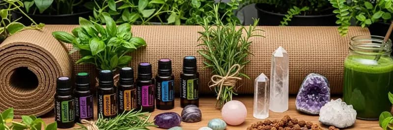 Holistic wellness essentials: essential oils, herbs, crystals, meditation beads, and green smoothie