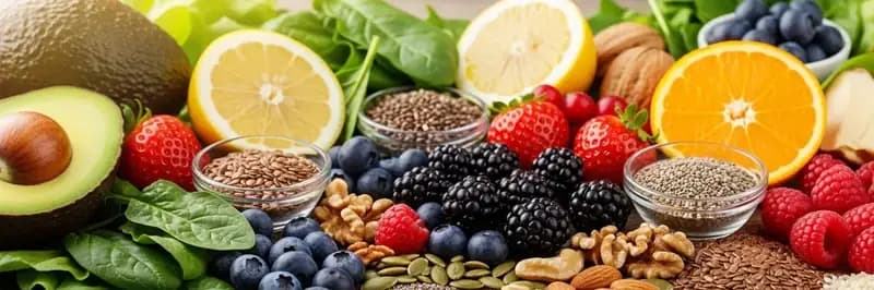 Colorful healthy foods including avocado, berries, leafy greens, and citrus on a rustic wooden surface
