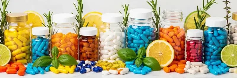 Supplement bottles, capsules, and tablets with fresh herbs and citrus on marble surface