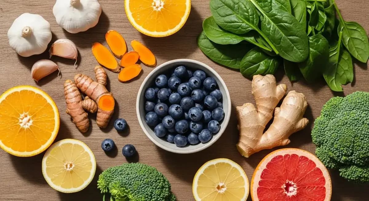 Colorful array of immune-boosting superfoods including blueberries, turmeric, spinach, and citrus fruits on a wooden table