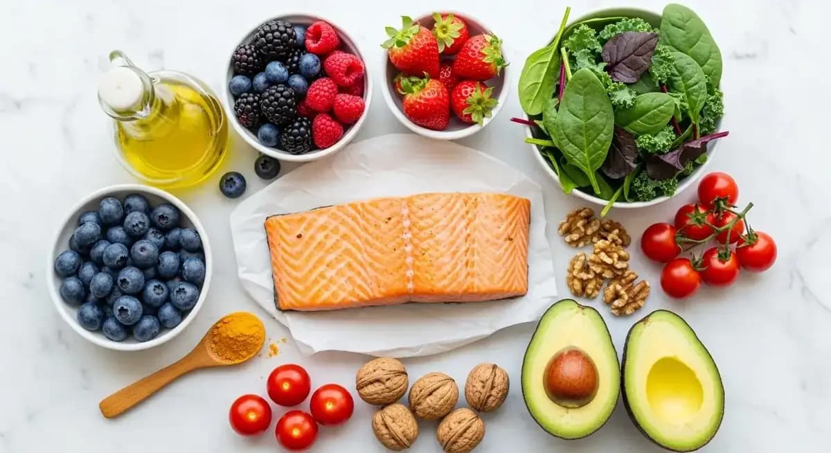 Colorful anti-inflammatory foods including turmeric, berries, salmon, and leafy greens arranged on a wooden surface