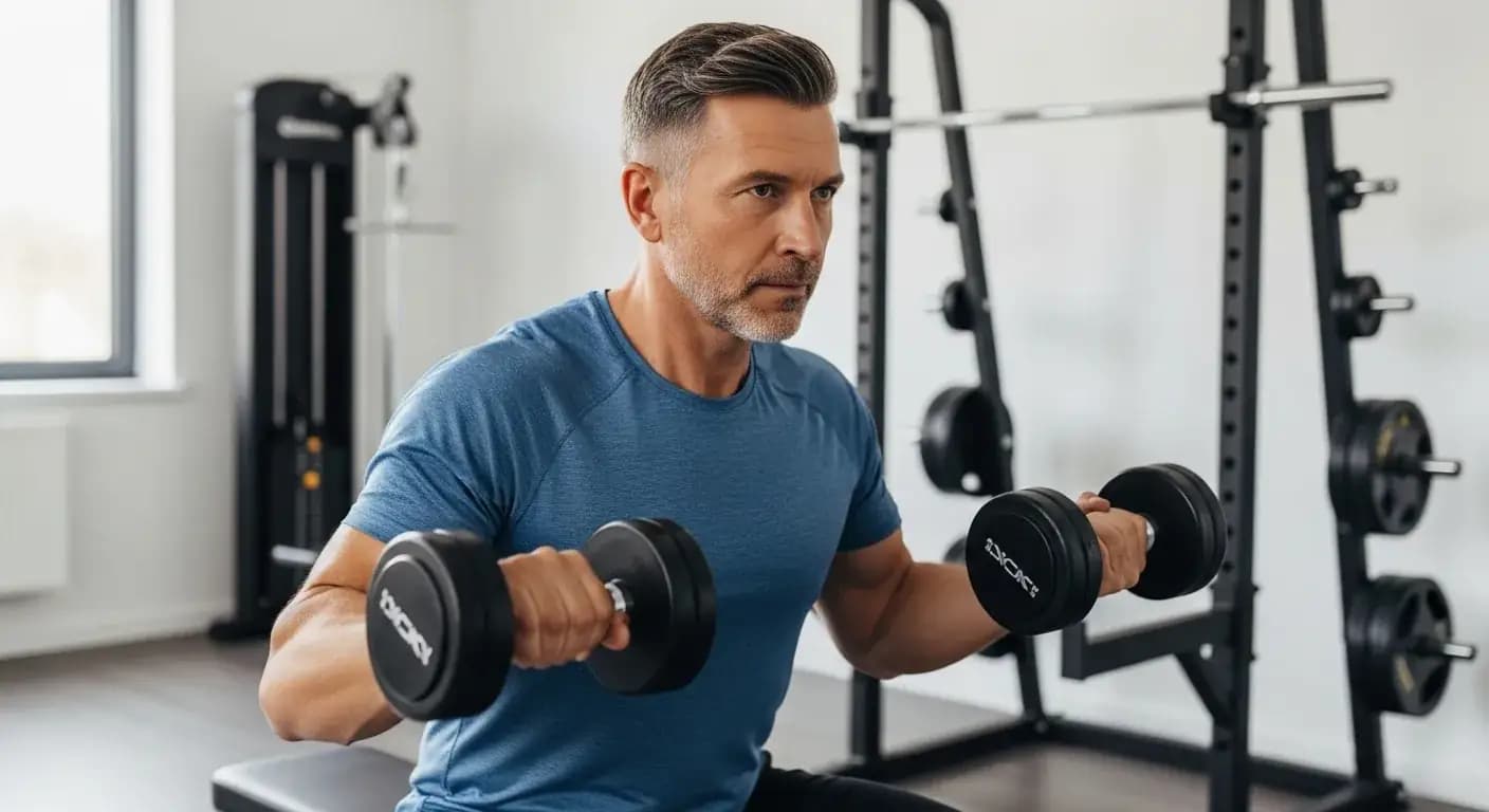 Dumbbells and barbells arranged in a gym setting with proper form markers