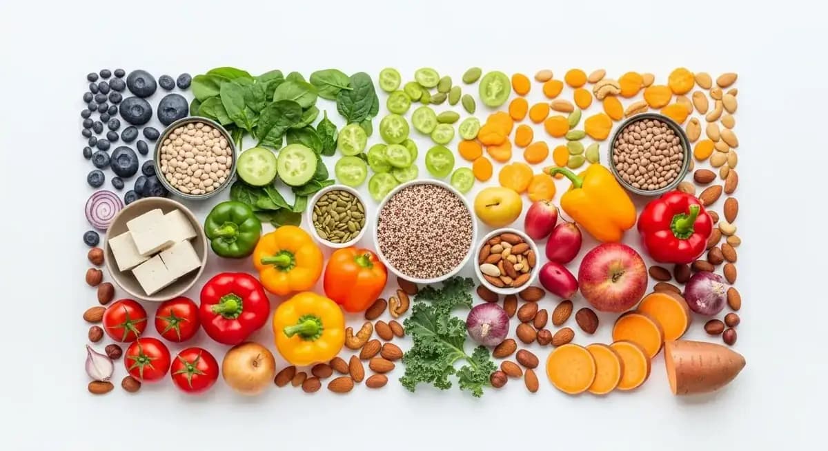 Assortment of high-protein foods including eggs, fish, chicken, and legumes