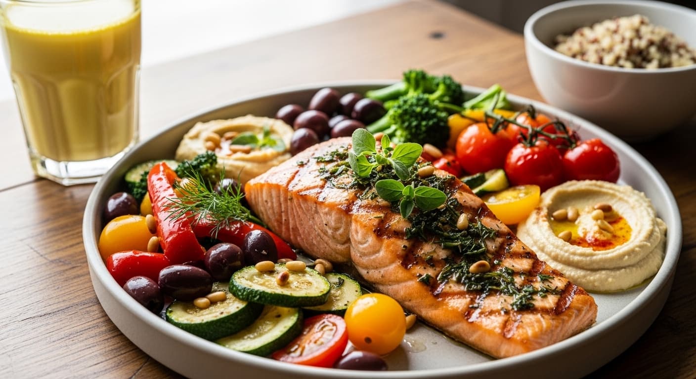 Assortment of anti-inflammatory foods like olive oil, fish, and colorful vegetables