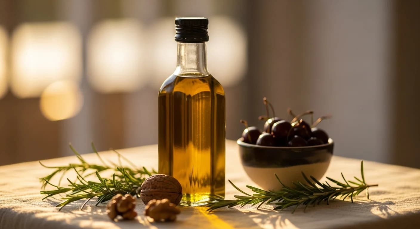 Bottle of premium extra virgin olive oil with fresh olives and herbs for anti-inflammatory nutrition