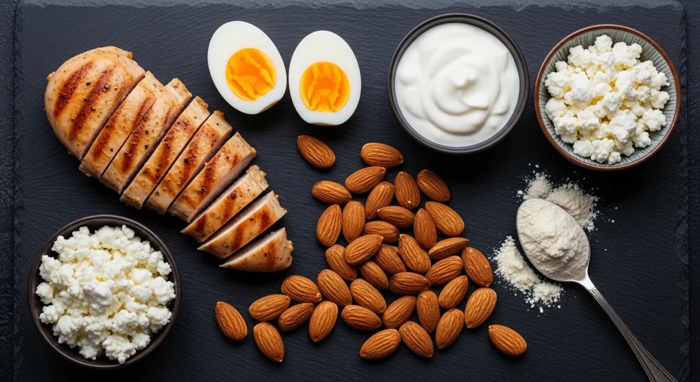 Assorted nuts and seeds including almonds, hemp seeds, and pumpkin seeds for plant-based protein