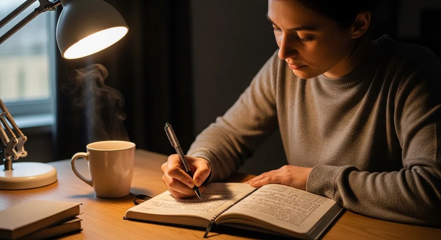 Person journaling and practicing cognitive behavioral techniques for mental health and anxiety management