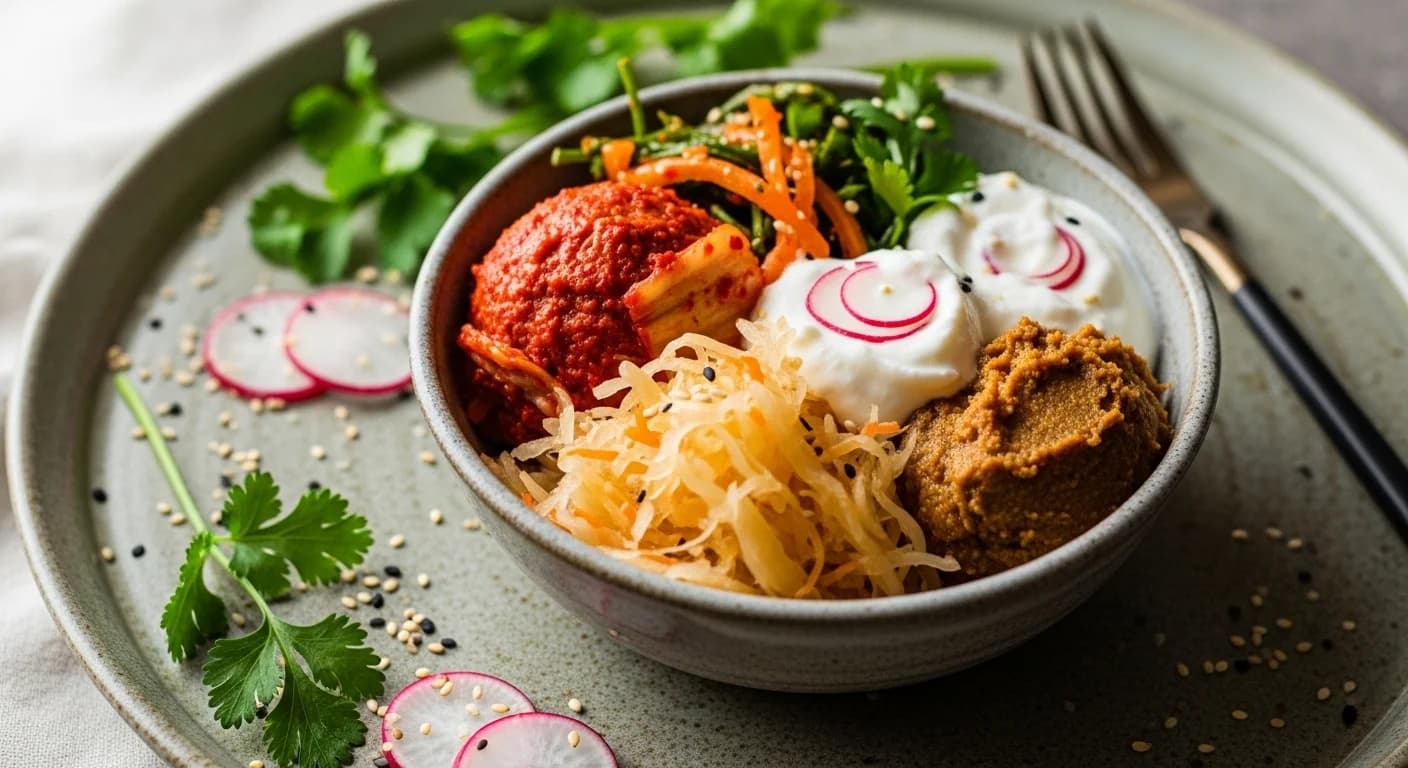 Colorful whole foods including vegetables, fruits, fish, and legumes supporting gut health and mental wellness